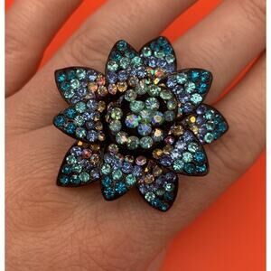 Blue Aurora Borealis Rhinestone Flower Stretch Statement Ring